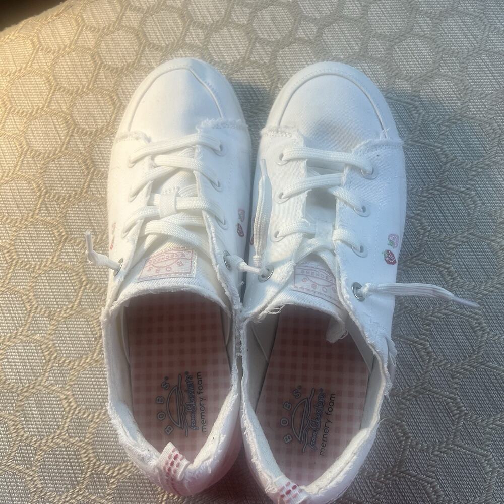 BOBS by Skechers White Strawberry Embroidered Distressed Canvas Sneakers 10 - Picture 4 of 9